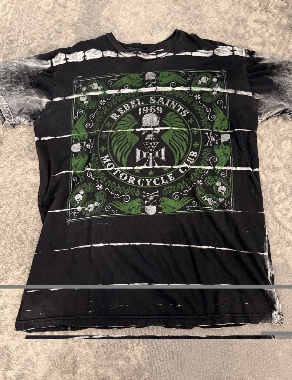 Y2k Rebel Saints by Affliction Motorcycle Club T Shirt Tie Dye Distressed 2XL